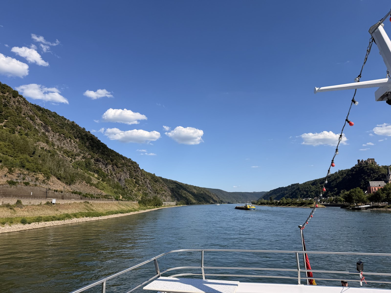 Blick vom Deck eines Ausflugsschiffes auf den Rhein mit bewaldeten Uferhängen und blauem Himmel.