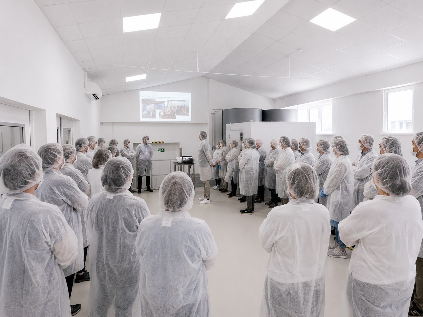 Das Plantafood Medical Team in Schutzkleidung bei einem TownHall Meeting in der Produktion.