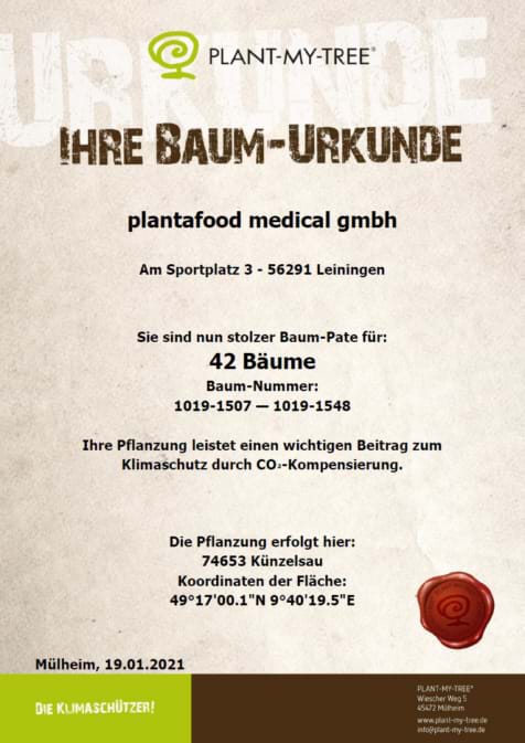 Baum-Urkunde 2021 von PLANT-MY-Tree über die Baum-Patenschaft von 42 Bäumen der Plantafood Medical GmbH