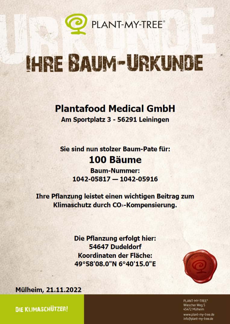 Baum-Urkunde 2022 von PLANT-MY-Tree über die Baum-Patenschaft von 100 Bäumen der Plantafood Medical GmbH