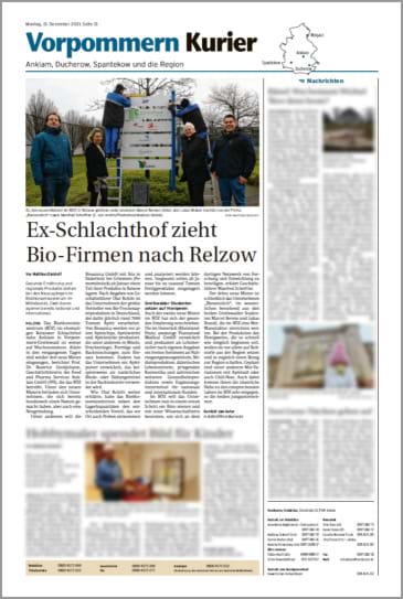 Manfred Scheffler / "Ex-Schlachthof zieht Bio-Firmen nach Relzow" im Vorpommern Kurier - Anklam, Ducherow, Spantekow und die Region, 13. Dezember 2021